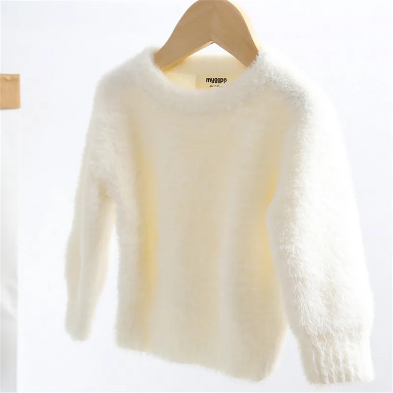 

Lovely Kid's Solid Color Sweater, Long Sleeve Round Neck Artificial Mink Hair Sweater for Autumn and Early Winter