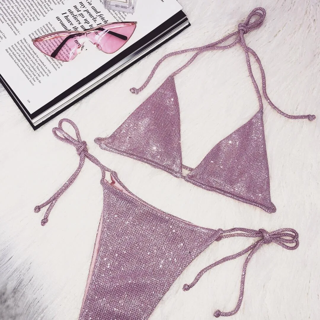 

Women's flash fabric solid colour split bikini Sexy Halter Swimsuit Women Push Up Bikini Set Bandage Swimwear Biquini