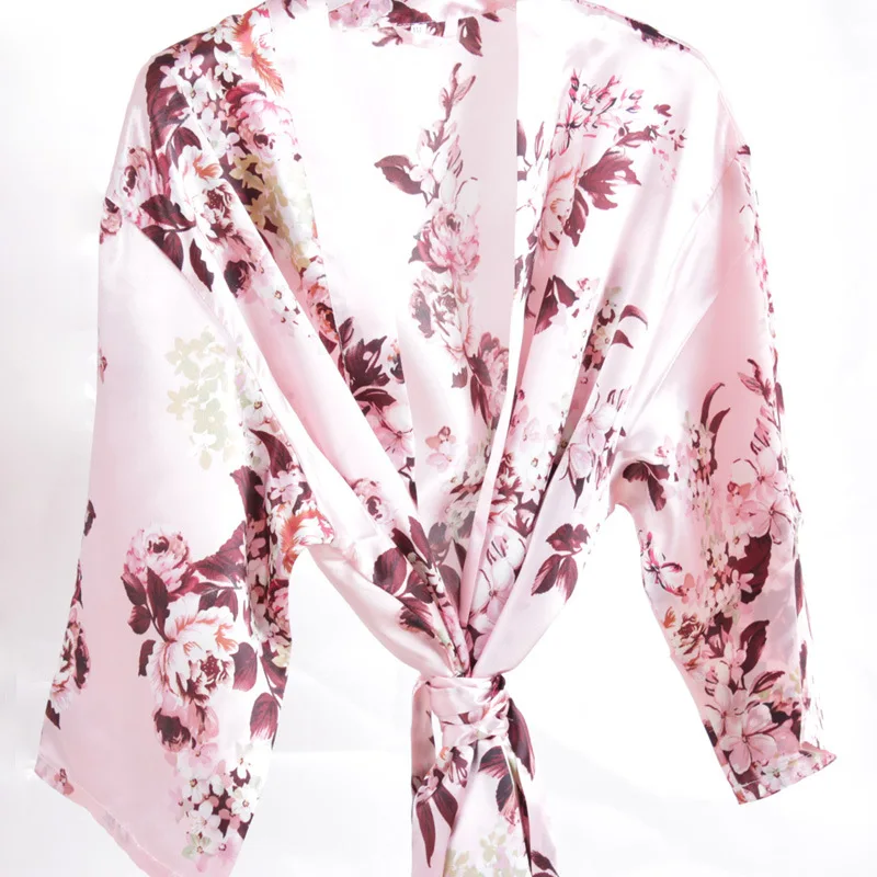 Женский Шелковый Атласный банный халат с цветочным рисунком Короткое Кимоно