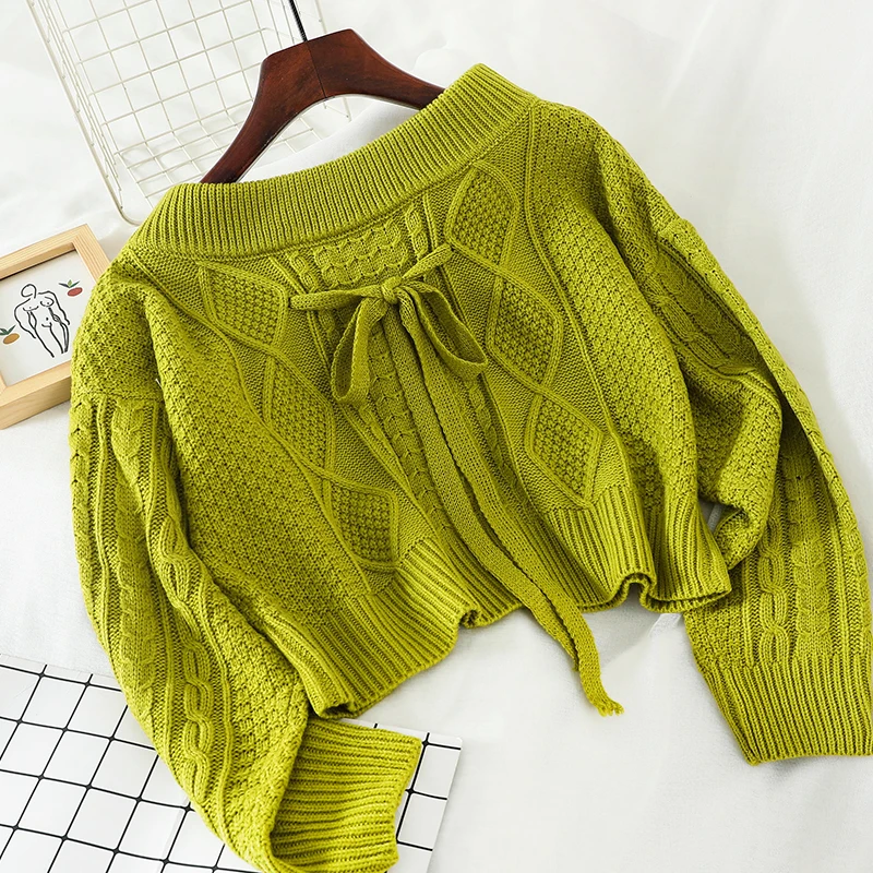 OCEANLOVE Slash Neck Short Pullovers Solid Bow Lace Up Fashion Women Sweaters Girls Korean New Pull Femme Loose Tops 13456 | Женская