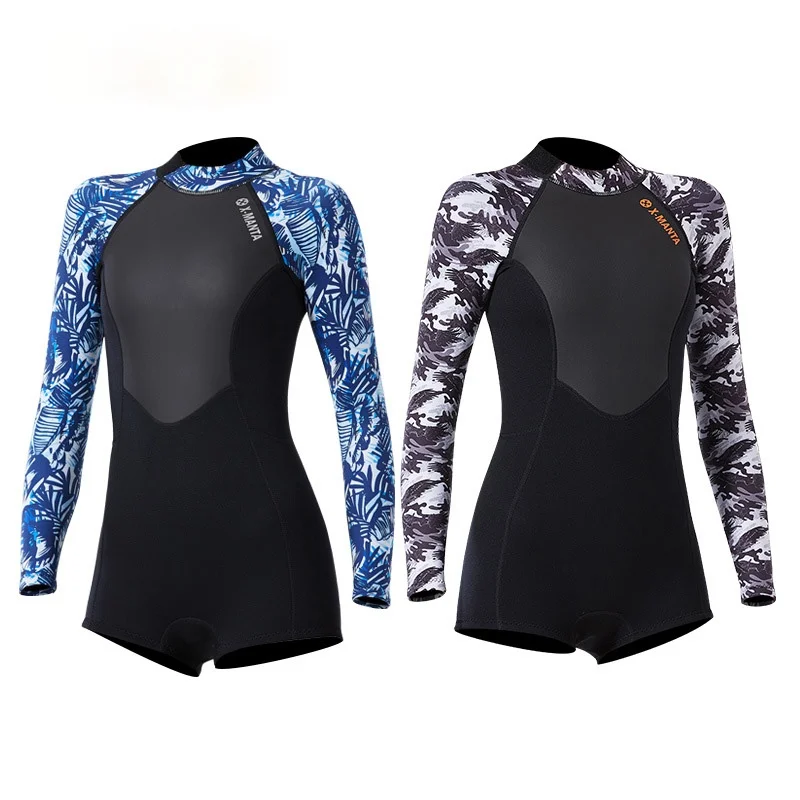 

Split Warm Long Sleeve Shorts Wetsuit New Women's Smoothback Diving Jackets 1.5mm Neoprene Patchwork Scuba Snorkeling Equipment