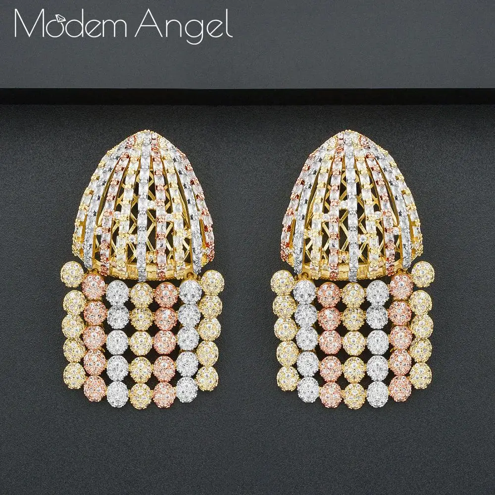 

ModemAngel Exclusive Tassel Hoop Earring For Women Wedding Popular 3Tone Geometry Full Cubic Zircon Nigerian Hoop Earrings