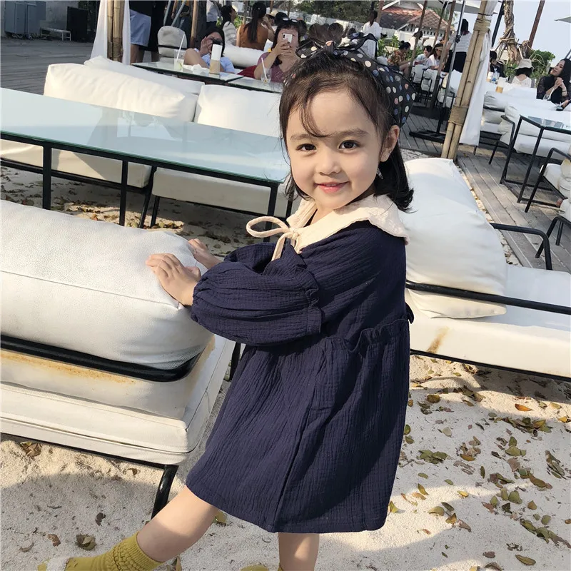 Spring Summer Korean style pure cotton yarn doll collar long sleeve dresses for girls cute kids all-match princess dress | Детская