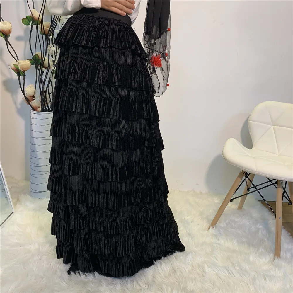

Velvet High Waist Pleated Muslim Skirt Women Vintage Elastic Pleated Skirts Ladies Solid Color Elegant Dubai Islamic Cothing New