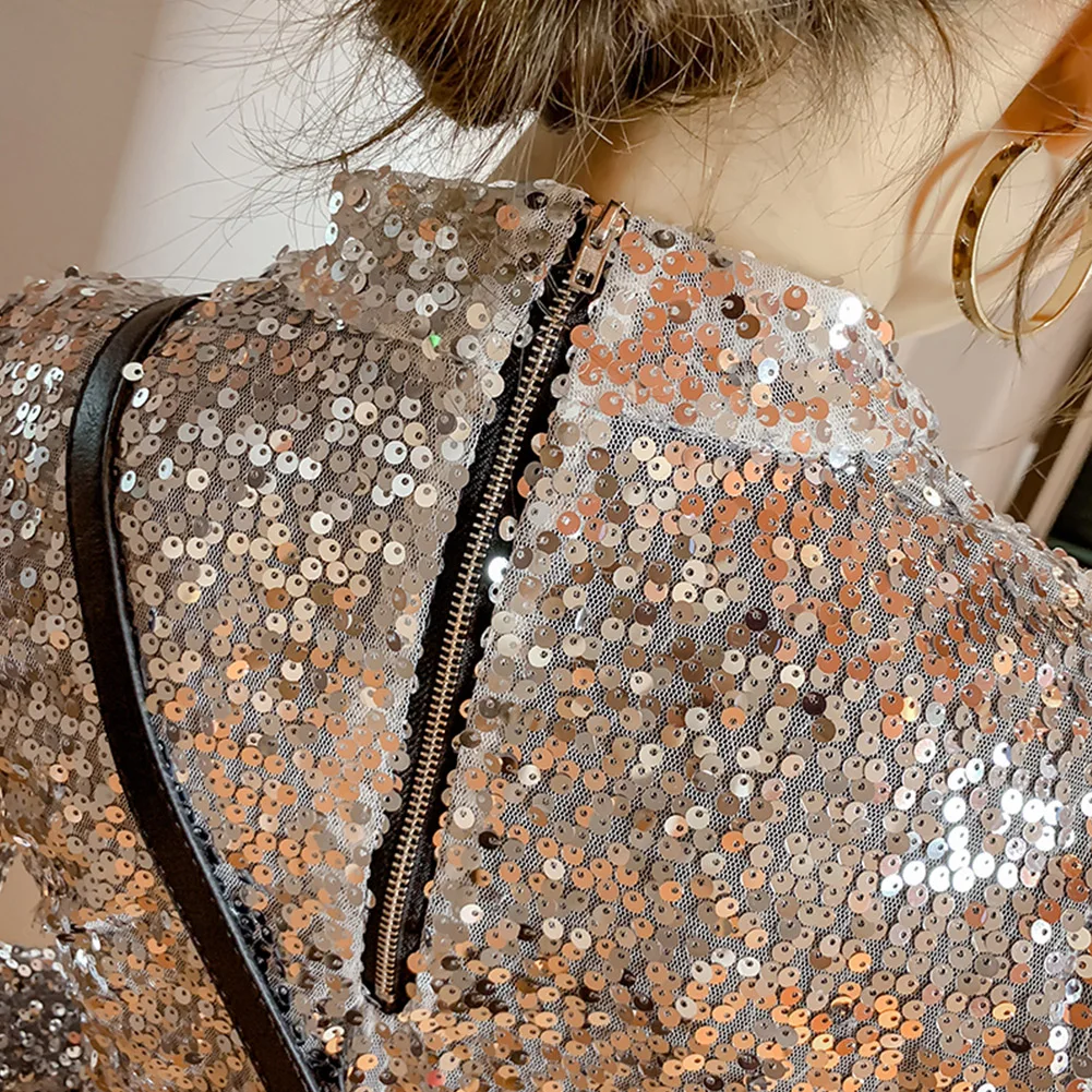 

Party Cotton Round Neck Comfortable Women Blouse T Shirt Tops Fashion Attractive Sexy Sequin Slim Fit Casual Long Sleeve