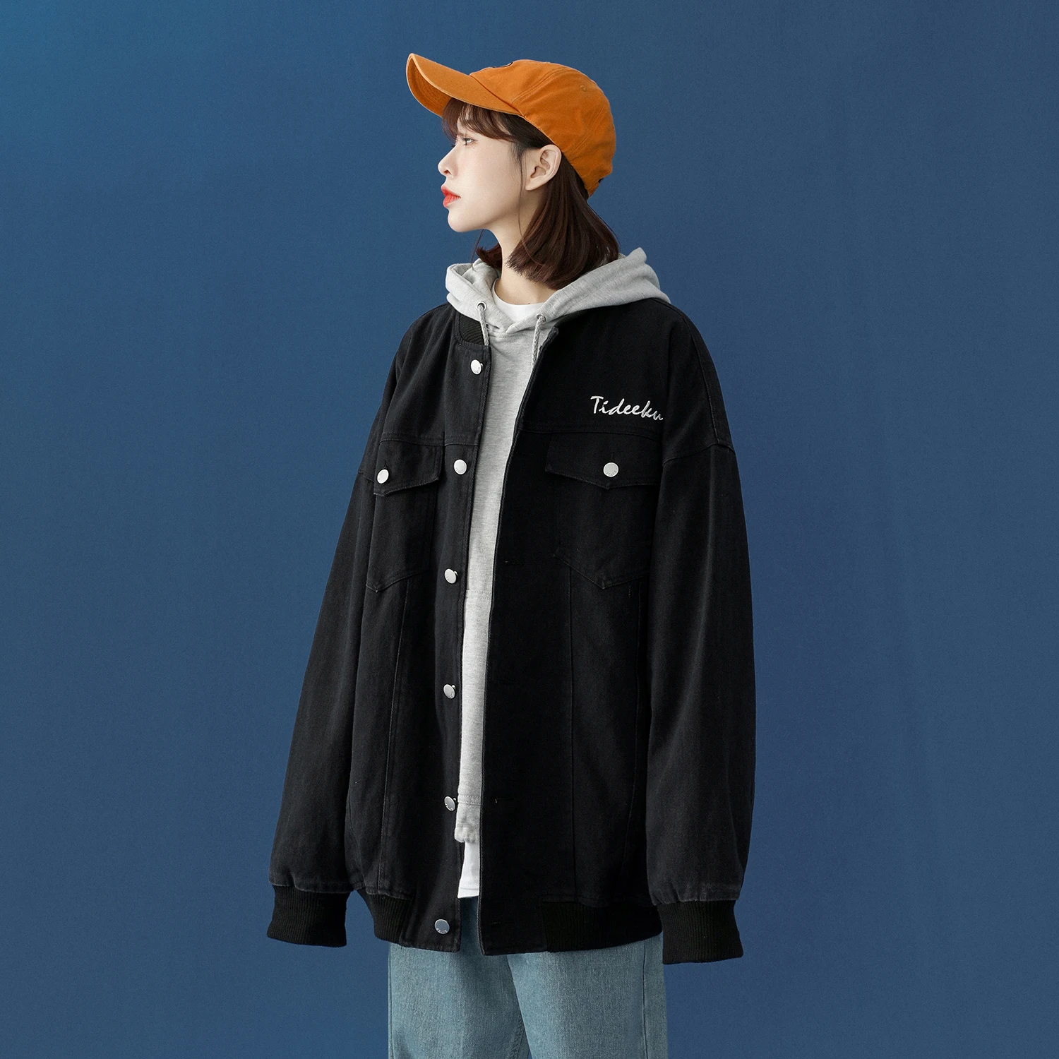 Женская джинсовая куртка оверсайз Повседневная Свободная синяя с отложным