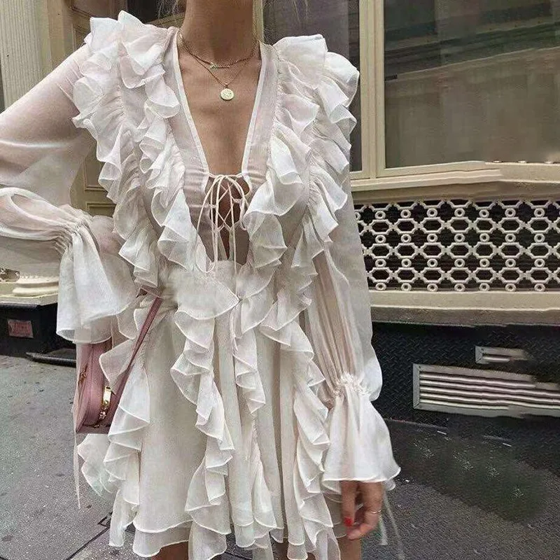 Женское мини-платье TWOTWINSTYLE элегантное платье с оборками v-образным вырезом