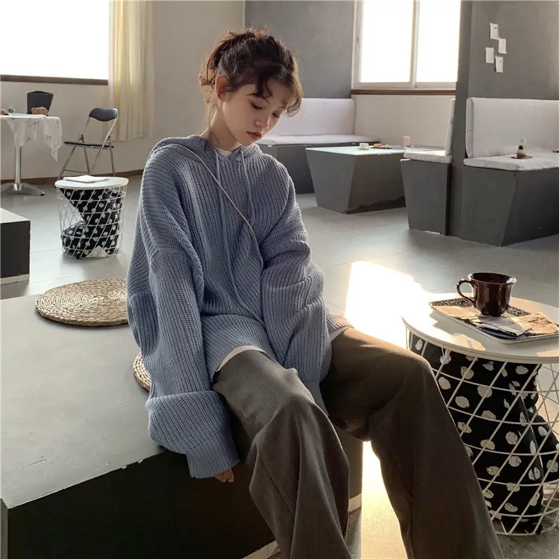 

The new solid-colored hooded sweater schoolgirl loose-fitting college style with autumn/winter knitwear simple coat
