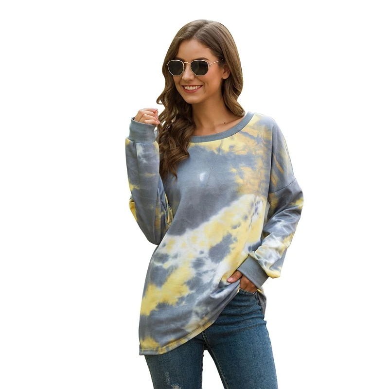 

Women Bat Long Sleeve Tie-Dye Print Sweatshirt Round Neck Loose Pullover Tops J78E