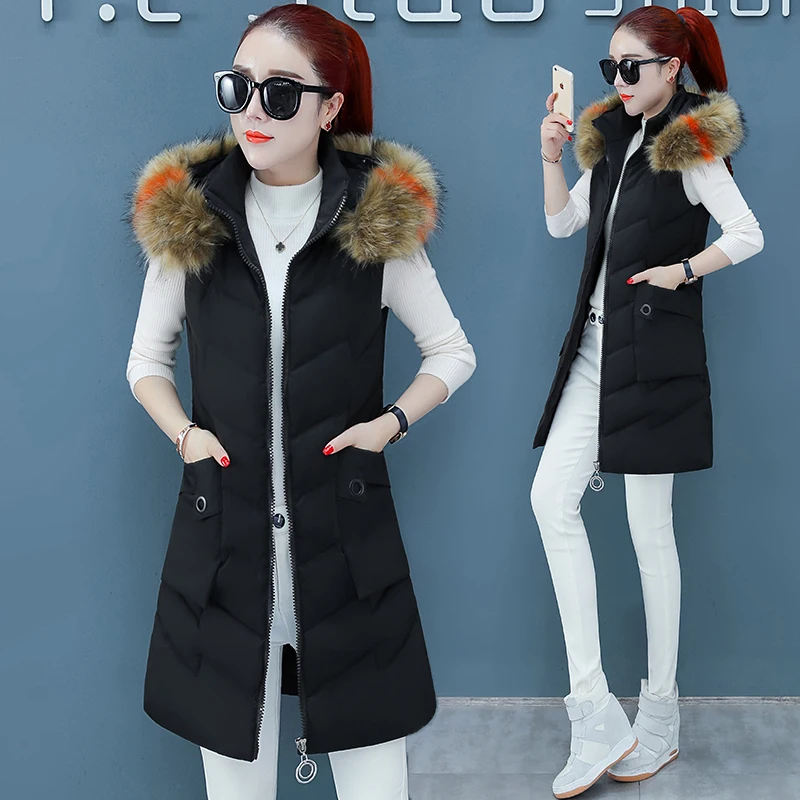 

Зимний пуховой жилет средней длины с меховым воротником и капюшоном, женская модная куртка без рукавов, плотный теплый жилет, облегающее па...