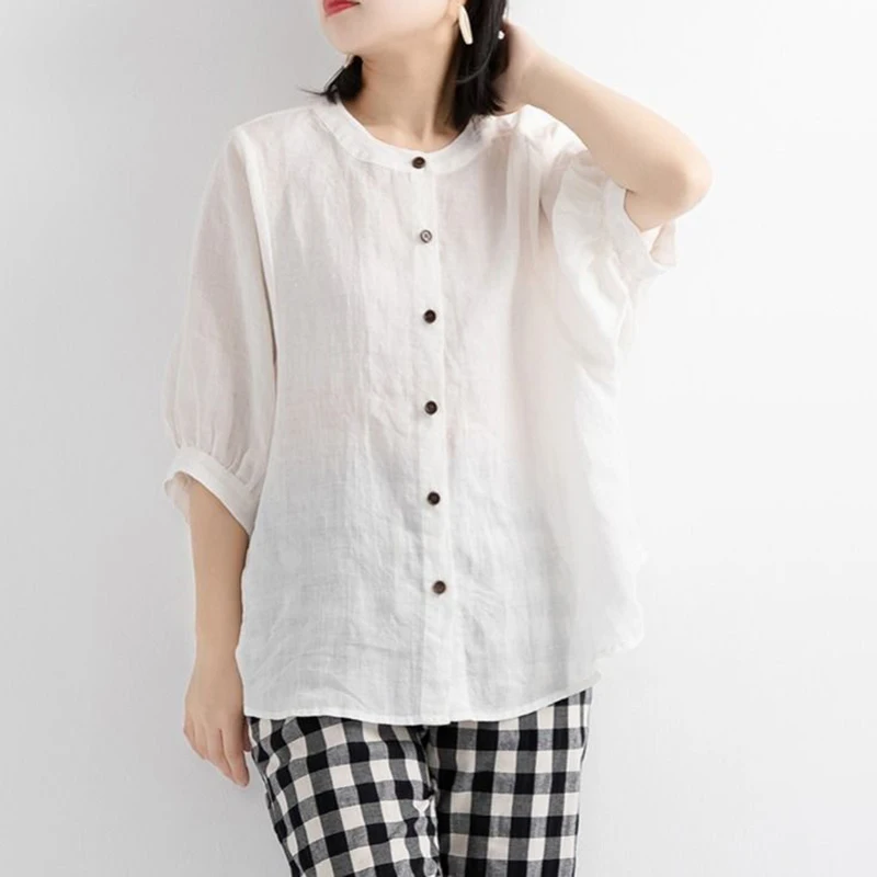 Рубашка женская льняная с пышными рукавами свободная винтажная блузка коротким