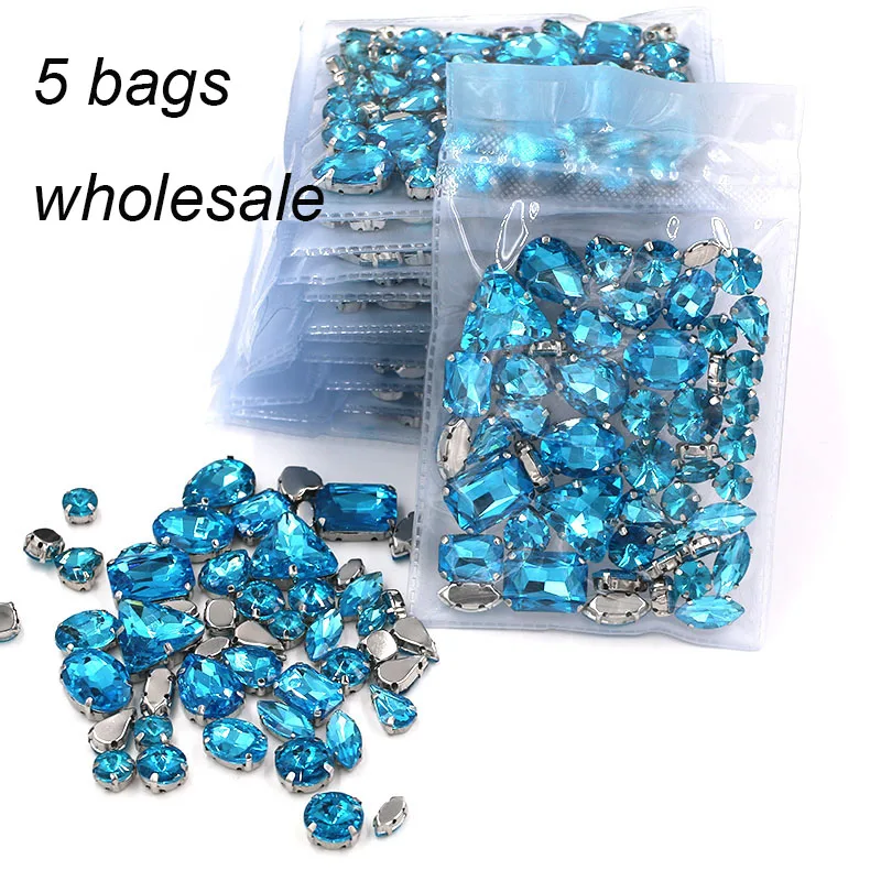 

Clothing accessories Wholesale 5 bags mixed shape glass crystal sliver base Lake blue rhinestones diy wedding dress