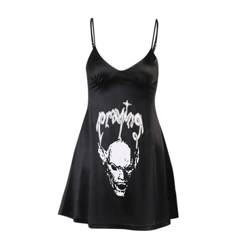 

Gothic Skull Print Sexy Black Dress Grunge Dark V Neck Backless Mini Dress Harajuku High Waist Club Party Dress Women y2k dress