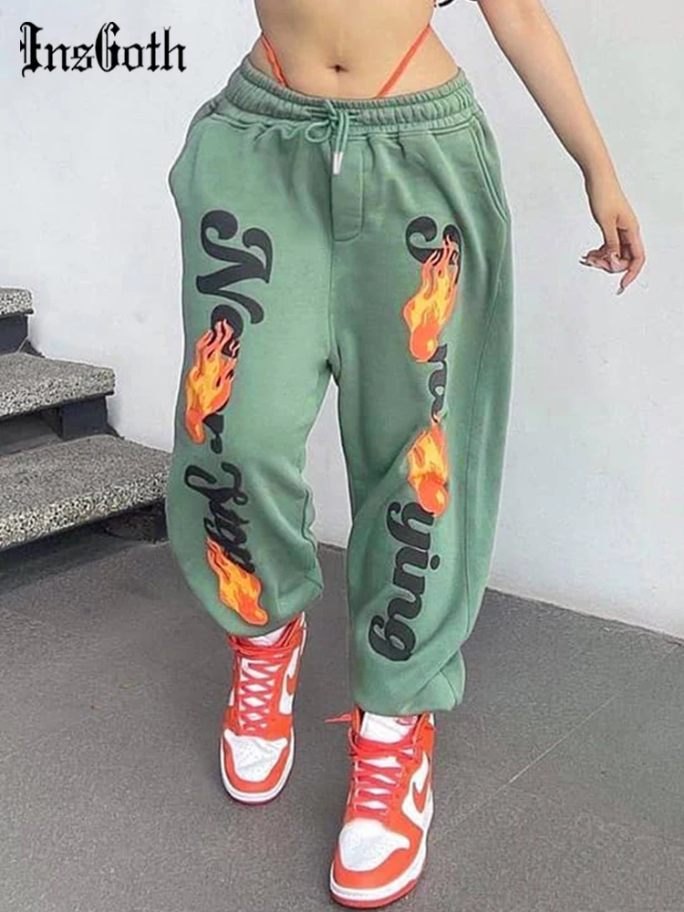 

InsGoth Goth Flame Print Green Jogger Pants Y2K Harajuku Grunge Elastic Waist Cargo Pants Women Autumn Thick Trousers Streetwear