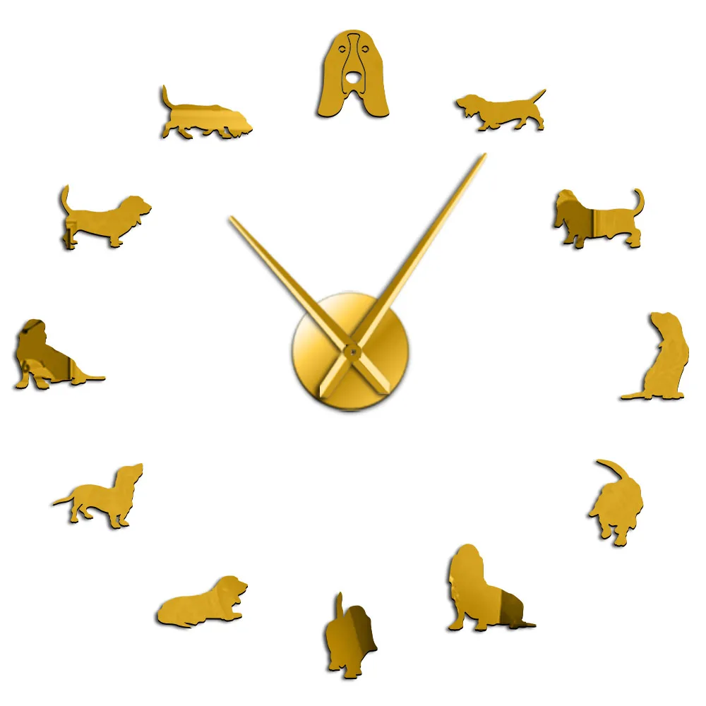 Gold Basset гончий акриловый зеркальный Silouette DIY гигантские настенные часы Pet Shop Порода собак большие часы бескаркасные настенные часы для любителей собак подарок - Цвет: Gold