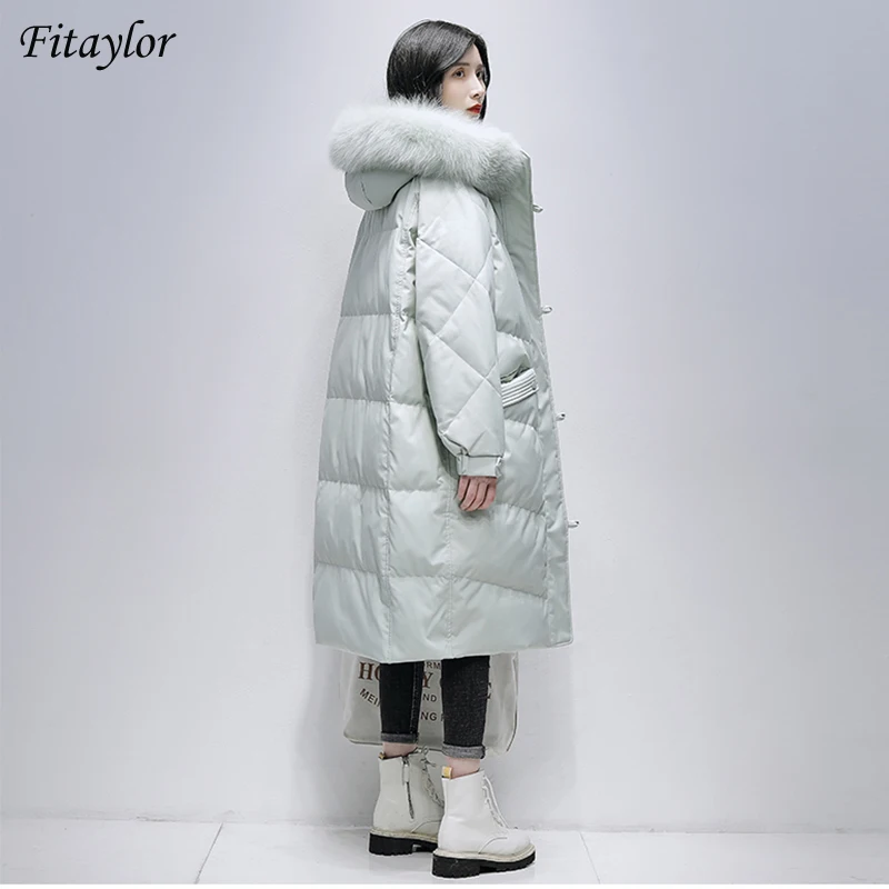 Fitaylor Winter New Real Fox Fur White Duck Down Coats Women Knee Length Jacket Warm Thick Rainproof Snowsuit Female Outerwear