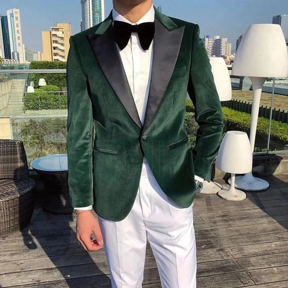

Latest Tailored High-Quality Wedding Green Velvet Single Button Coat With White Pants Tuxedo Slim Fit Formal Fashion Dinner Wear