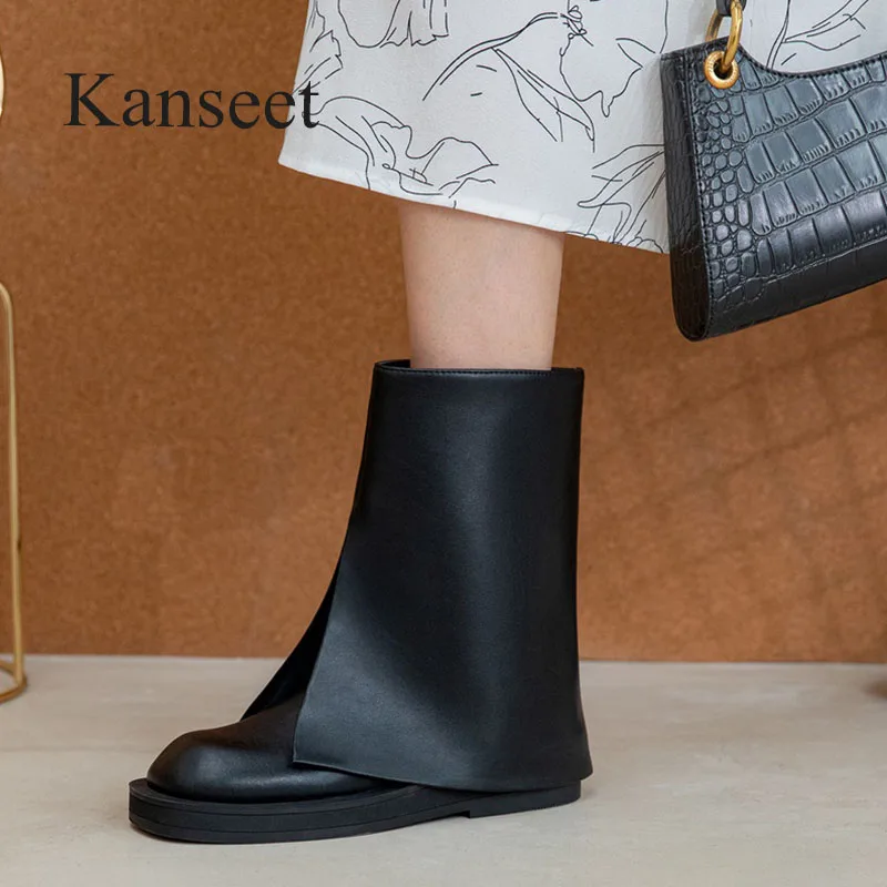 

Kanseet Women's Mid-Calf Boots 2021 Autumn Winter Newest Platform Shoes Round Toe Genuine Leather Shoes Handmade Mid Heels Boots