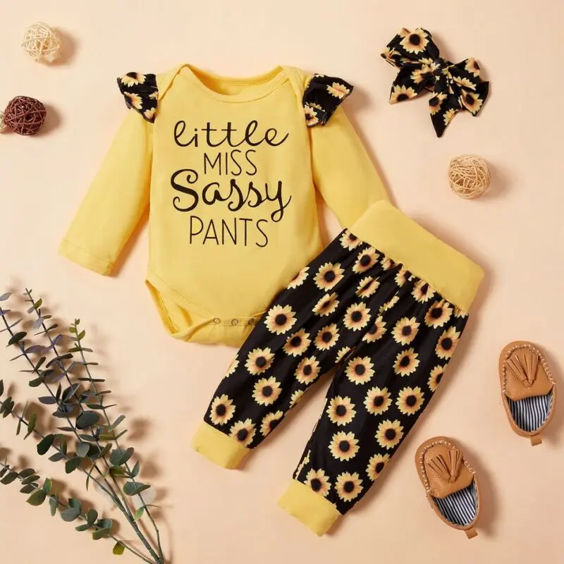 

3PCS Autumn Clothes Newborn Baby Girls Clothes Flower Romper Jumpsuit Leggings Pants Outfits Set 0-18 montsh