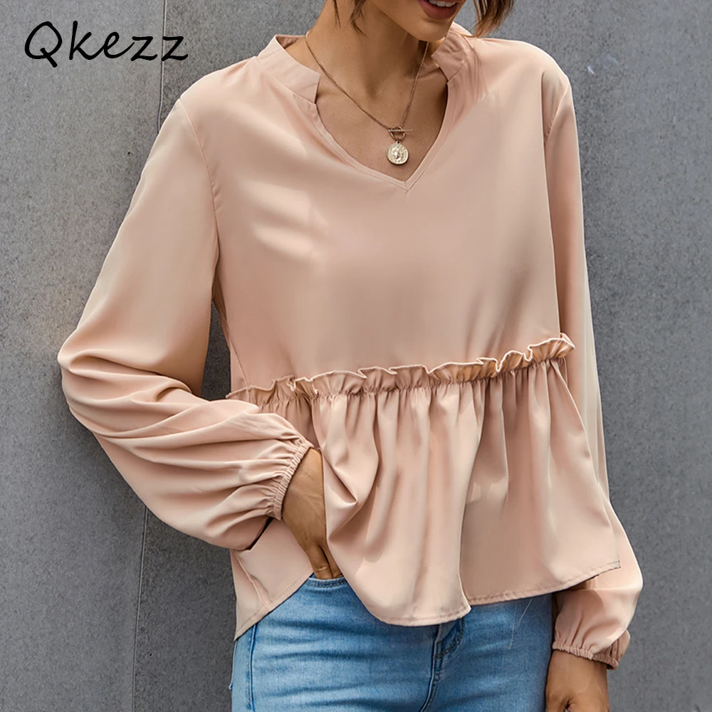 

Qkezz V Neck Ruched Women Blouse Casual Shirts Flowy Spring Tops Long Sleeve Elegant Office Lady Ruffles T Shirts