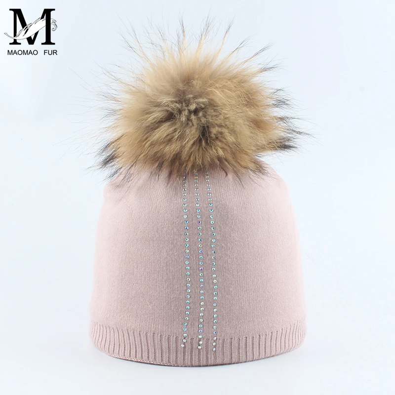 Hats For Girls Boys Lovely Rhinestone Real Fur Pompom Fashion High Quality Brand New Kids Caps Skullies Beanies | Аксессуары для