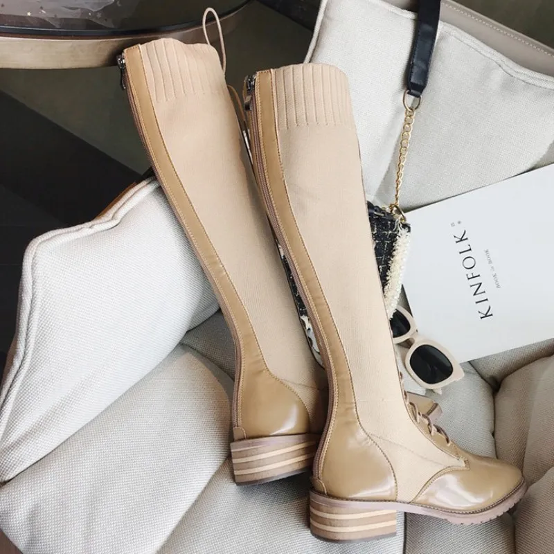 Beli Mode Musim Dingin Wanita Renda Sepatu Bot Setinggi Lutut Seksi Strechy Patchwork Sepatu Square Toe Blok Tumit Rendah Pengendara Sepeda Motor Naik Knight Sepatu Bot