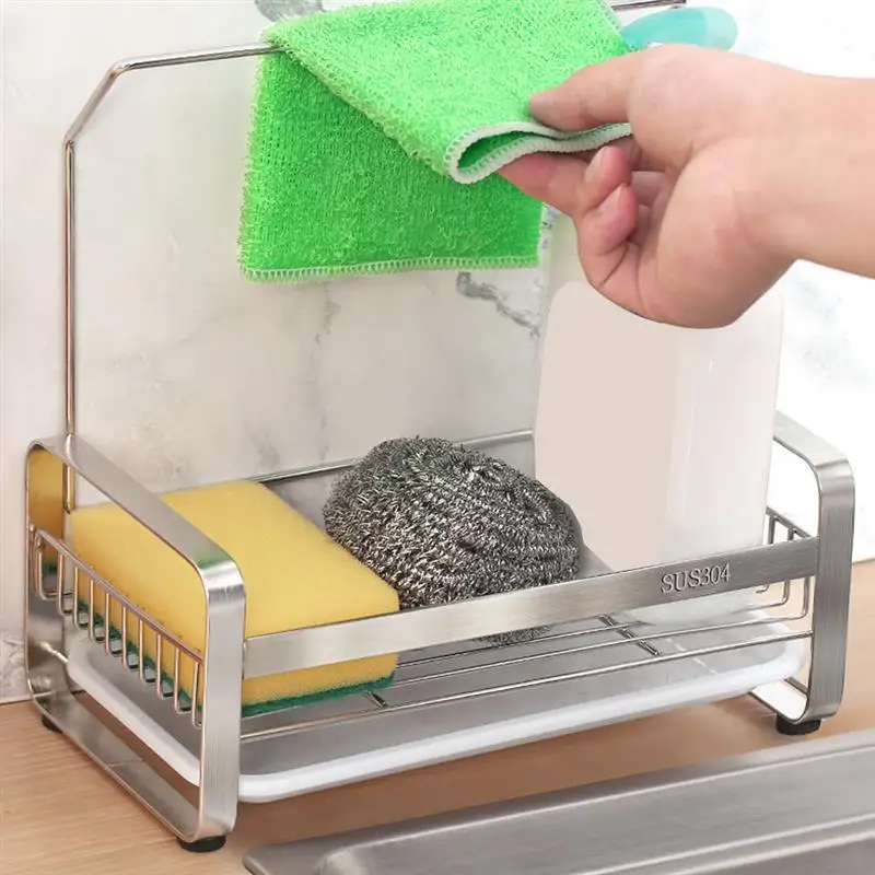 

Sponge Holder Stainless Steel storage Rack Kitchen Sink Caddy Cleaning Brush Soap Organizer Rack Hanging Basket with Drain Tray