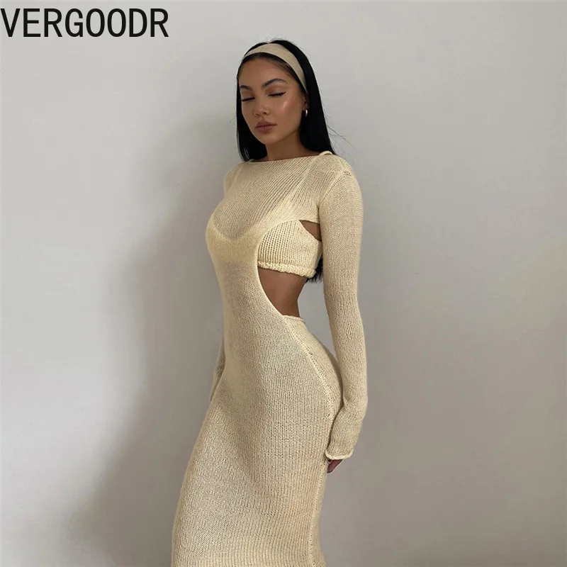 

Vergoodr Autumn and Winter New Women's Suspenders One-way Neck Small Vest + Round Neck Long-sleeved Dress Bodycon Dress
