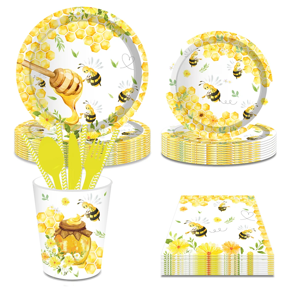 

Happy Honey Bee Day Spring Butterfly Baby Shower Birthday Party Favors Disposable Tableware Sets Plates Cups Napkins Decorations