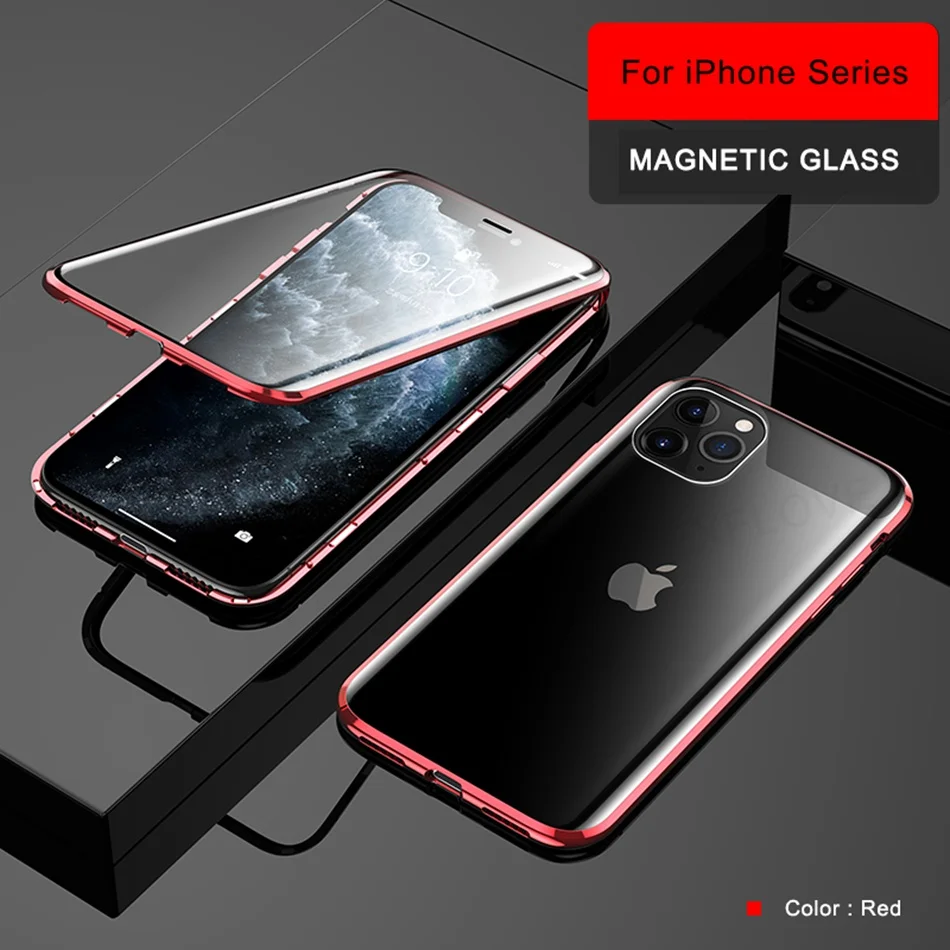 360 брендовый металлический чехол для iPhone 6 7 8 Plus XS XR MAX чехол Магнитный Роскошный чехол из закаленного стекла для Apple iPhone 11 Pro Max - Цвет: Red