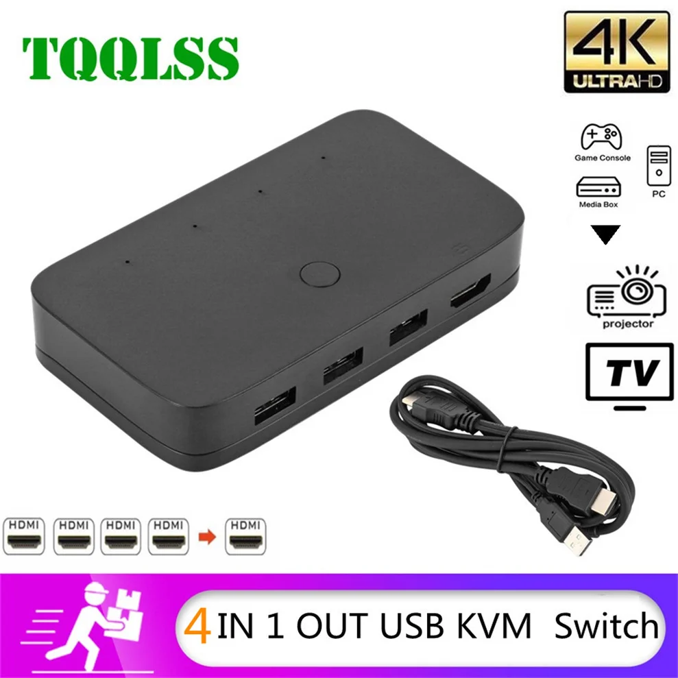 

HDMI KVM переключатель TQQLSS 4 в 1 4K @ 30 Гц с USB2.0 Hub для ПК монитора проектора клавиатуры мыши Прямая поставка