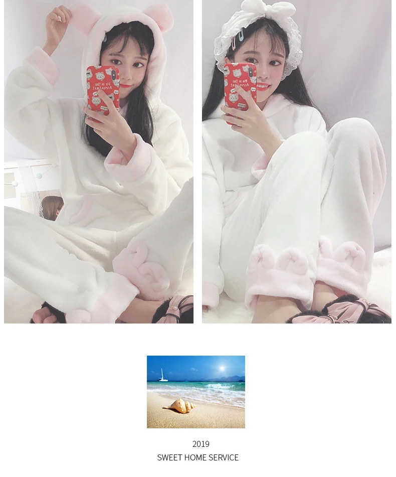 Новинка зимы 2019 Корейская женская пижама утолщенная Коралловая фланелевая с