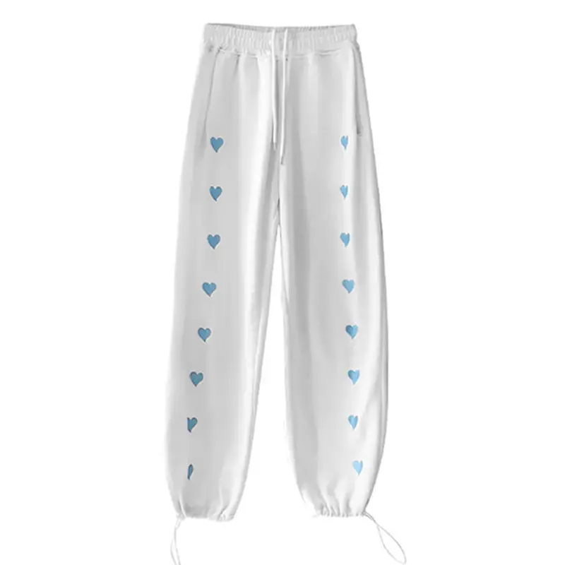 

Zoulv High Waist Elastic band Wide Leg Pants Spring Loose Drawstring Jogger Pants Fashion Heart Embroidery Women Sports Pants