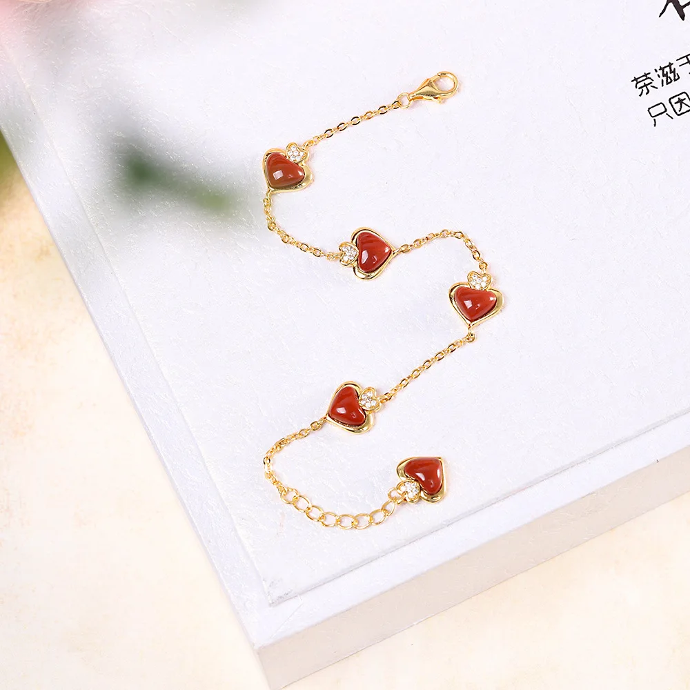 

MetJakt Fashionable and Exquisite S925 Sterling Silver Inlaid Heart-Shaped Red Agate Zircon Women's Bracelet