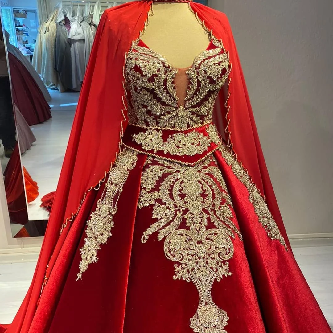 

Red Gold Ball Gown Arabic Wedding Dress With Cape V Neck Corset Back Beaded Lace Custom Made Colored Bridal Dress Non White