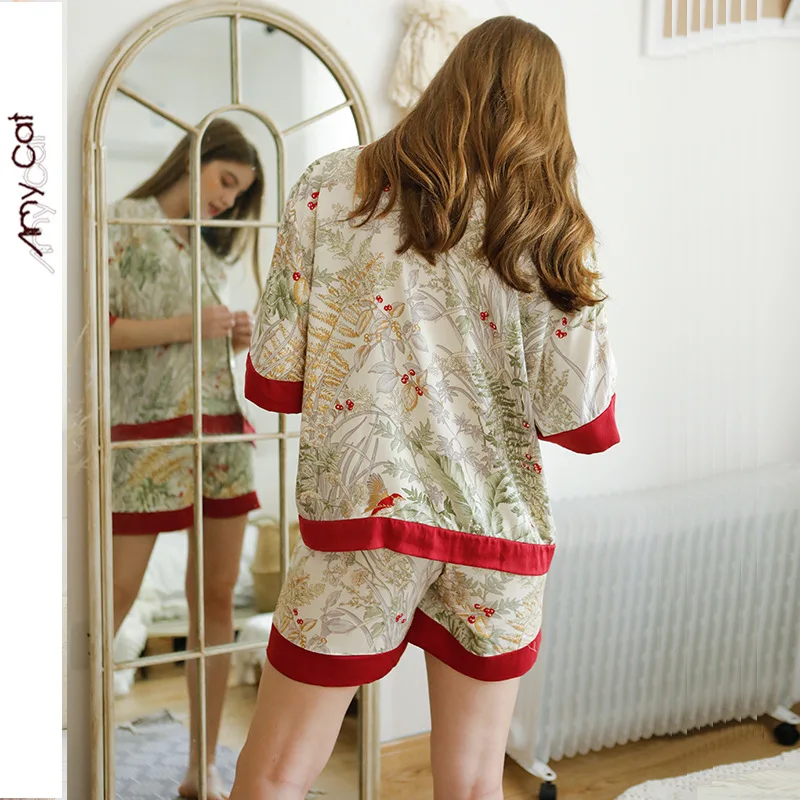 Ice Slik Printed Womens Shirt Stain Pajamas Set Short Sleeve Two-pieces Sleepwear V-neck Women Nightwear Loungewear Homewear