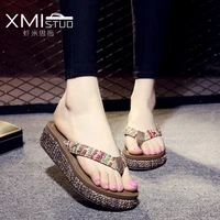 xmistuo high quality slope with the word drag leisure raffia lady beach high heeled anti skid clip feet antique women slippers