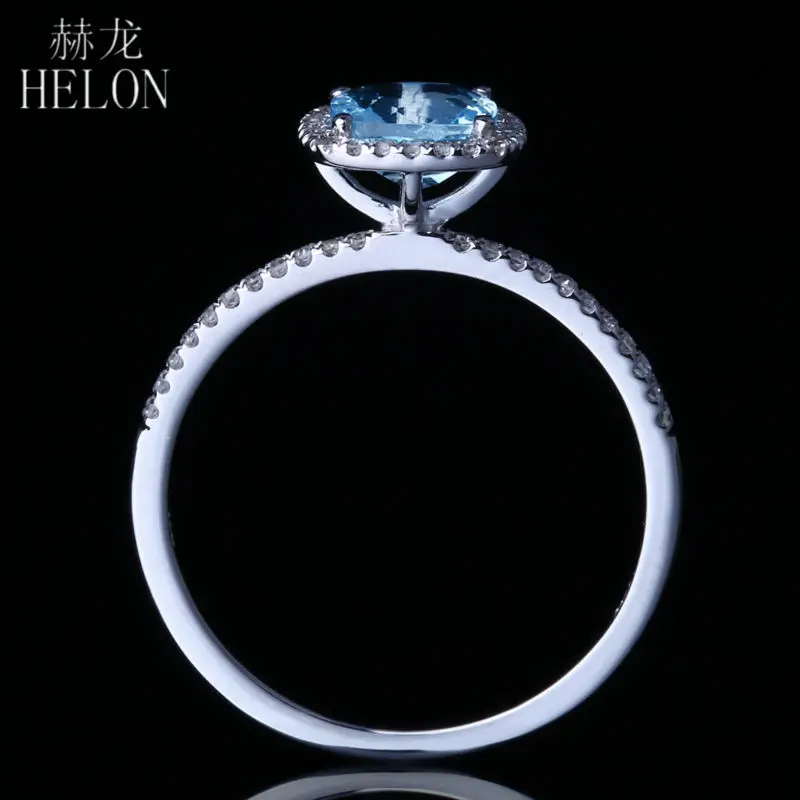 

HELON Solid 14k White Gold Flawless Cushion 6MM Blue Topaz & Diamonds Engagement Wedding Ring For Women Trendy Fine Jewelry Gift