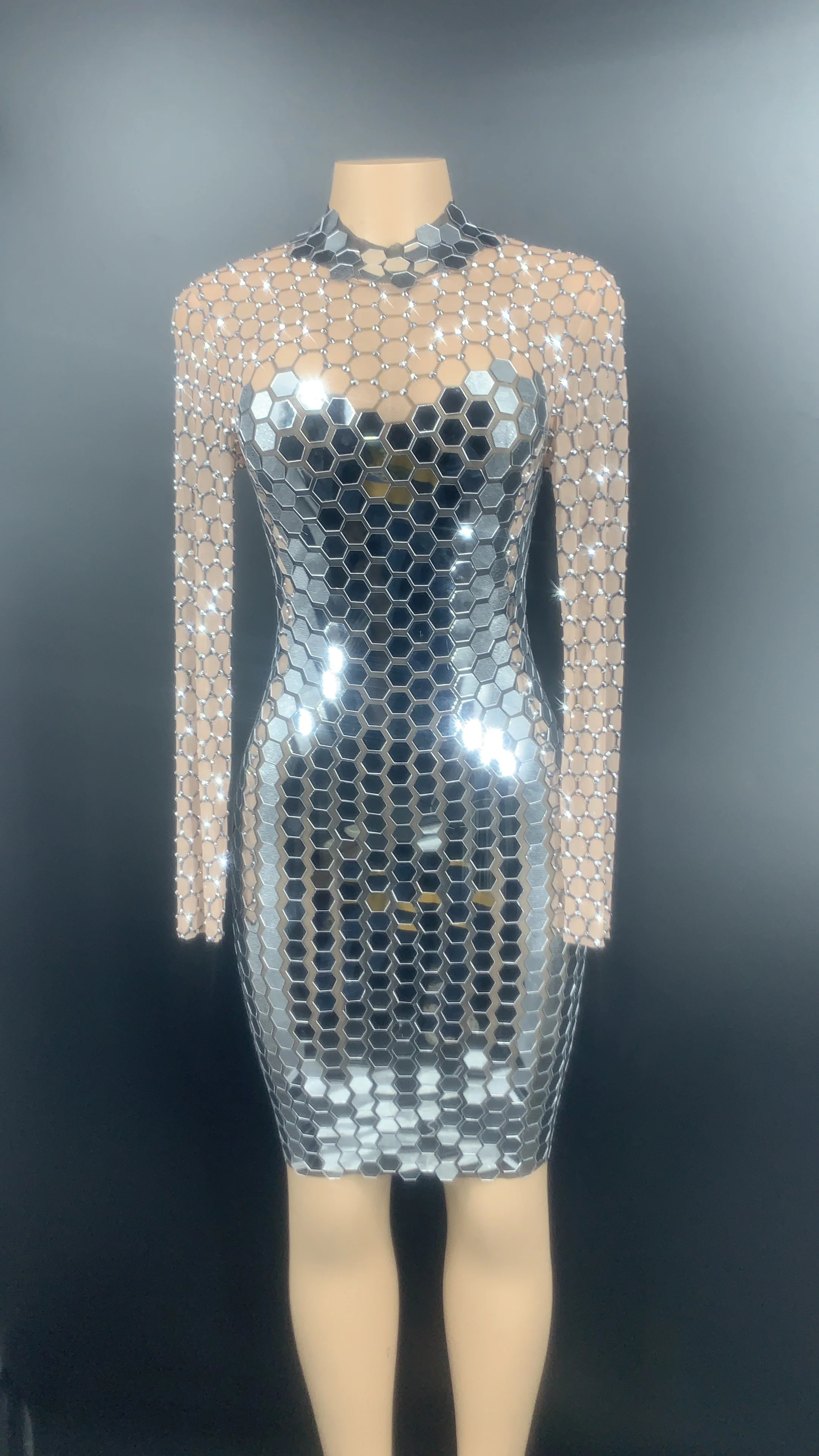 

Silver Rhinestones Mirror Transparent Short Dress Prom Birthday Celebrate Outfit Dress Women Dance Show Dress