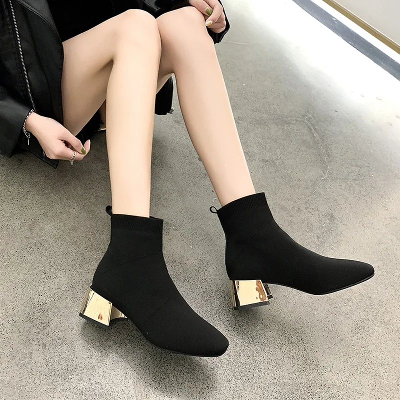 Женские осенние вязаные эластичные ботинки носки botines с квадратным носком