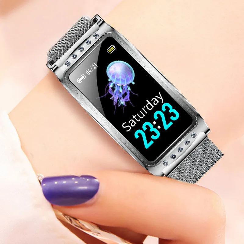 

F28 Female Bracelet 1.08 Color Screen Heart Rate Sphygmomanometer Step Physiological Cycle IP68 Waterproof Smart Watch for ios