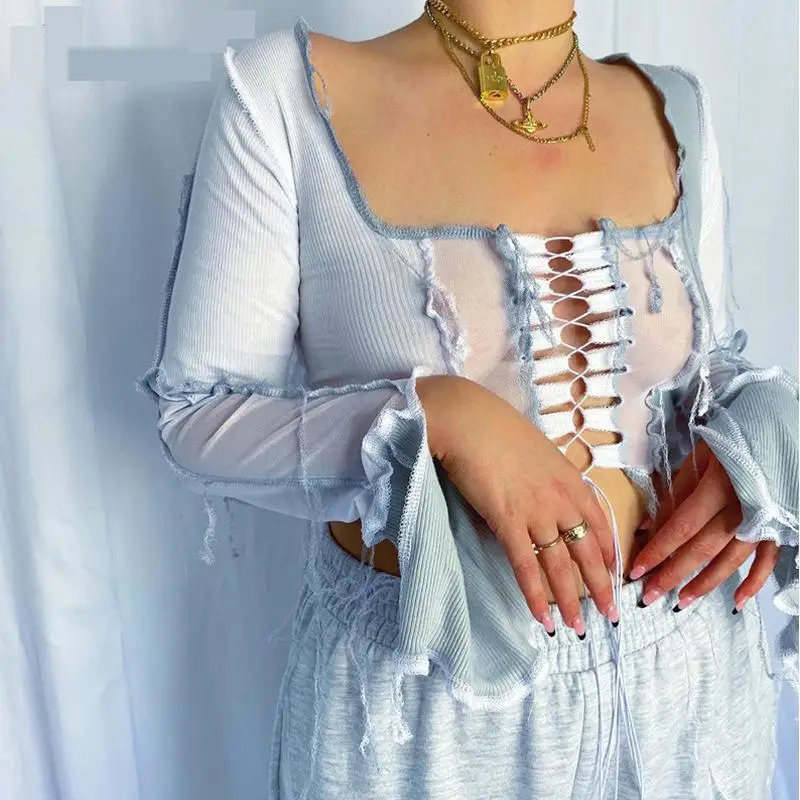 

Топ женский сетчатый в рубчик с разрезом, пикантный укороченный Топ с длинным рукавом, на шнуровке, пикантная Клубная одежда, осень