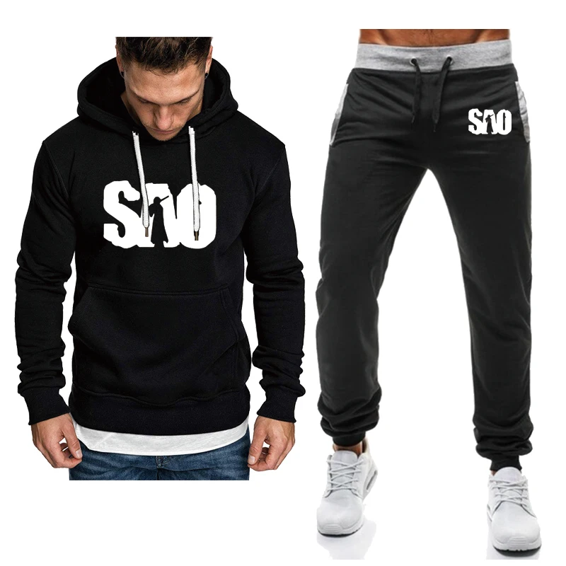 

SAO Sword Art Online Printed Men's suits Casual Harajuku Fashion Fleece unisex Splicing Men's Hoodie+High Waist Pants 2-piece se