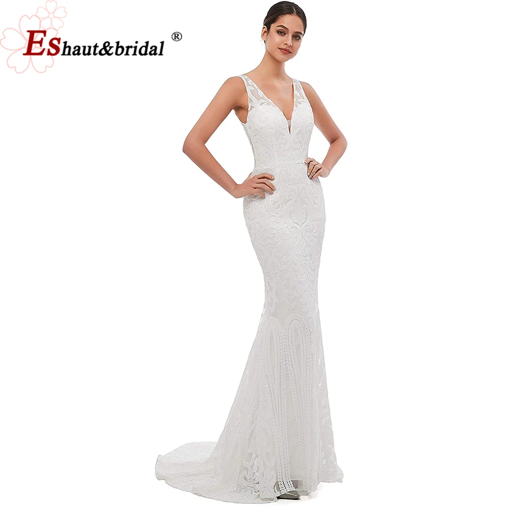 Женское блестящее платье-русалка длинное вечернее платье с V-образным вырезом