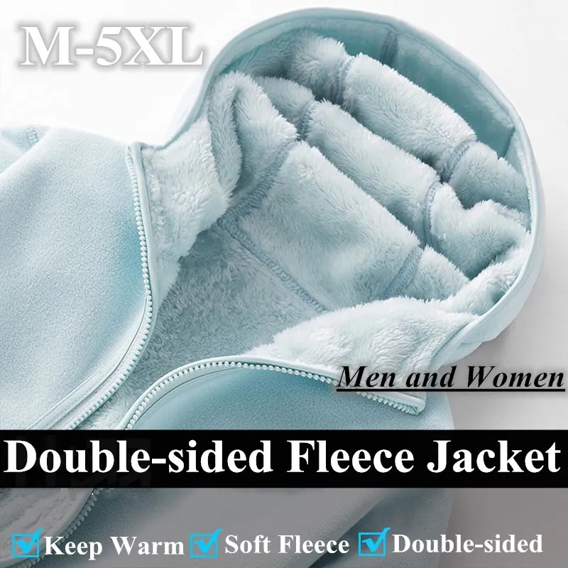 

Men Womens Double-sided Polar Fleece Jacket Autumn Winter Outdoor Plus Velvet Warm Stand Collar & Hooded Cardigan Fleece