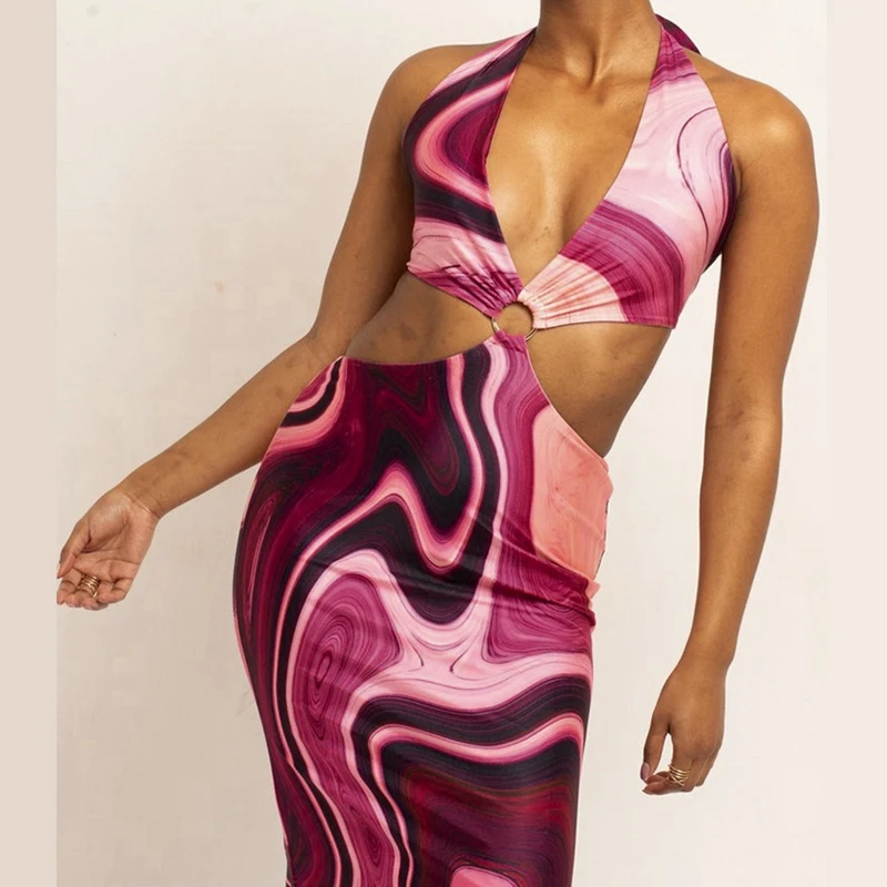 

Tie Dye Dress Women Lace Up Hollow Out Backless Split Long Dress Lady Chic Sexy Beach Holiday Party Robe