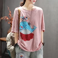 ethnic t shirt summer 2021 fish print loose vintage short sleeve large size artistic top women clothing tshirt