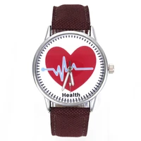 heart rate shape i love you fashion jewelry women men gift for lovers dark brown canvas strap sport luminous round wrist watch