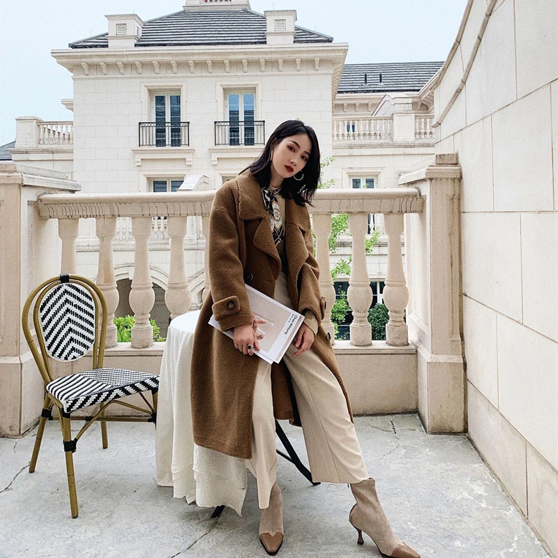 

2020New Winter Wool Overcoat Woman Solid Belt Turn-down Collar Double Breasted Overcoat A-Line Outwear Jacket Long Woolen Trench