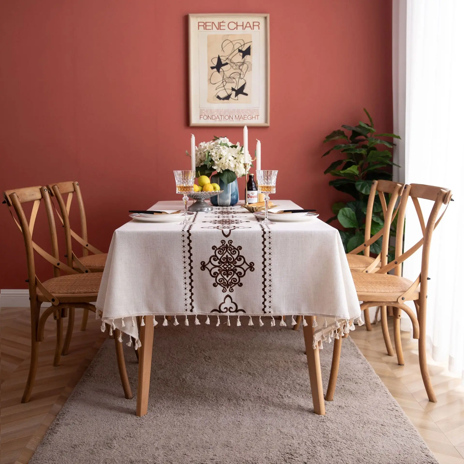 

Chinese Knot Embroidered Tablecloth With Tassel Table Runner American Imitation Cotton Linen Coffee Table Placemat Table Cloth